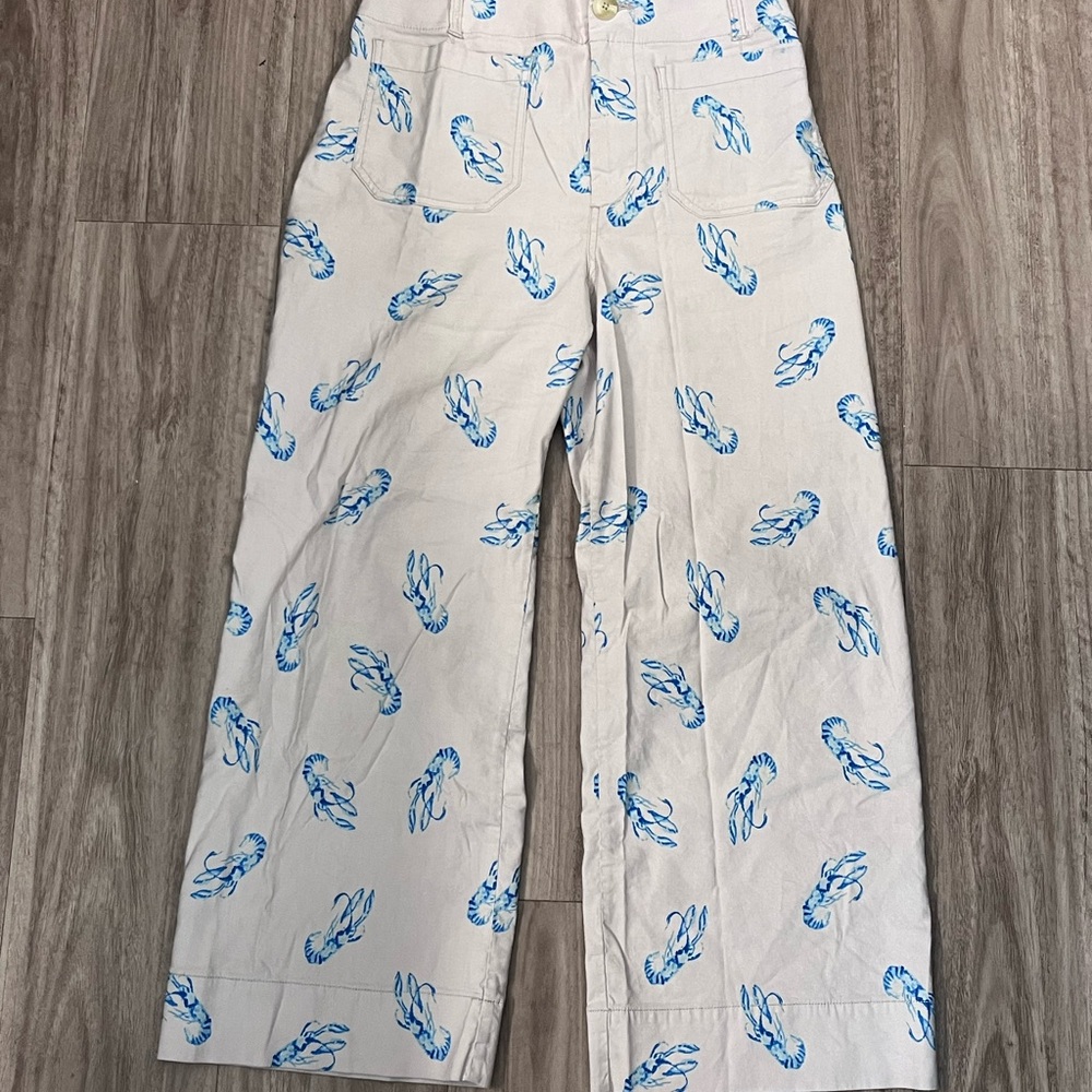 Maeve Anthropologie Cream Trousers with Blue Lobster Design